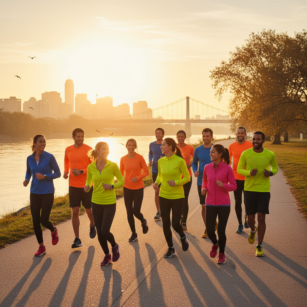 A diverse group of cheerful people in colorful professional running gear jogging together along a scenic riverside path during a golden sunrise, high-quality photography style.