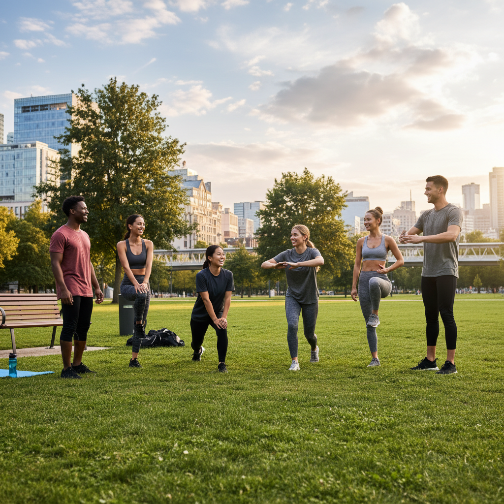 A group of diverse young adults stretching their legs and warming up together in a vibrant green urban park, smiling and chatting, high-resolution lifestyle photography.