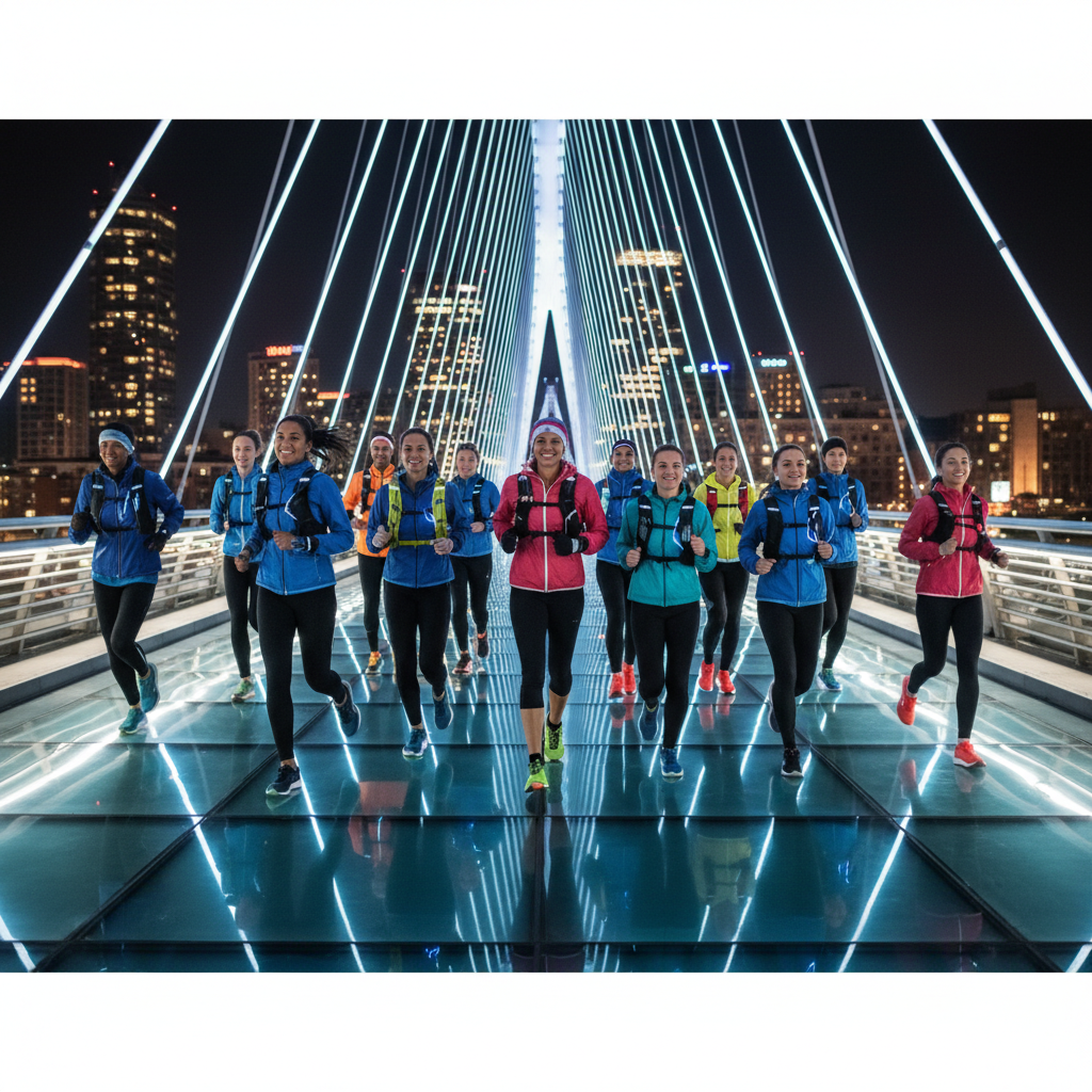 Professional wide-angle shot of a running club navigating a modern city bridge at night, with blurred city lights and glowing wearable tech reflecting on their clothes.
