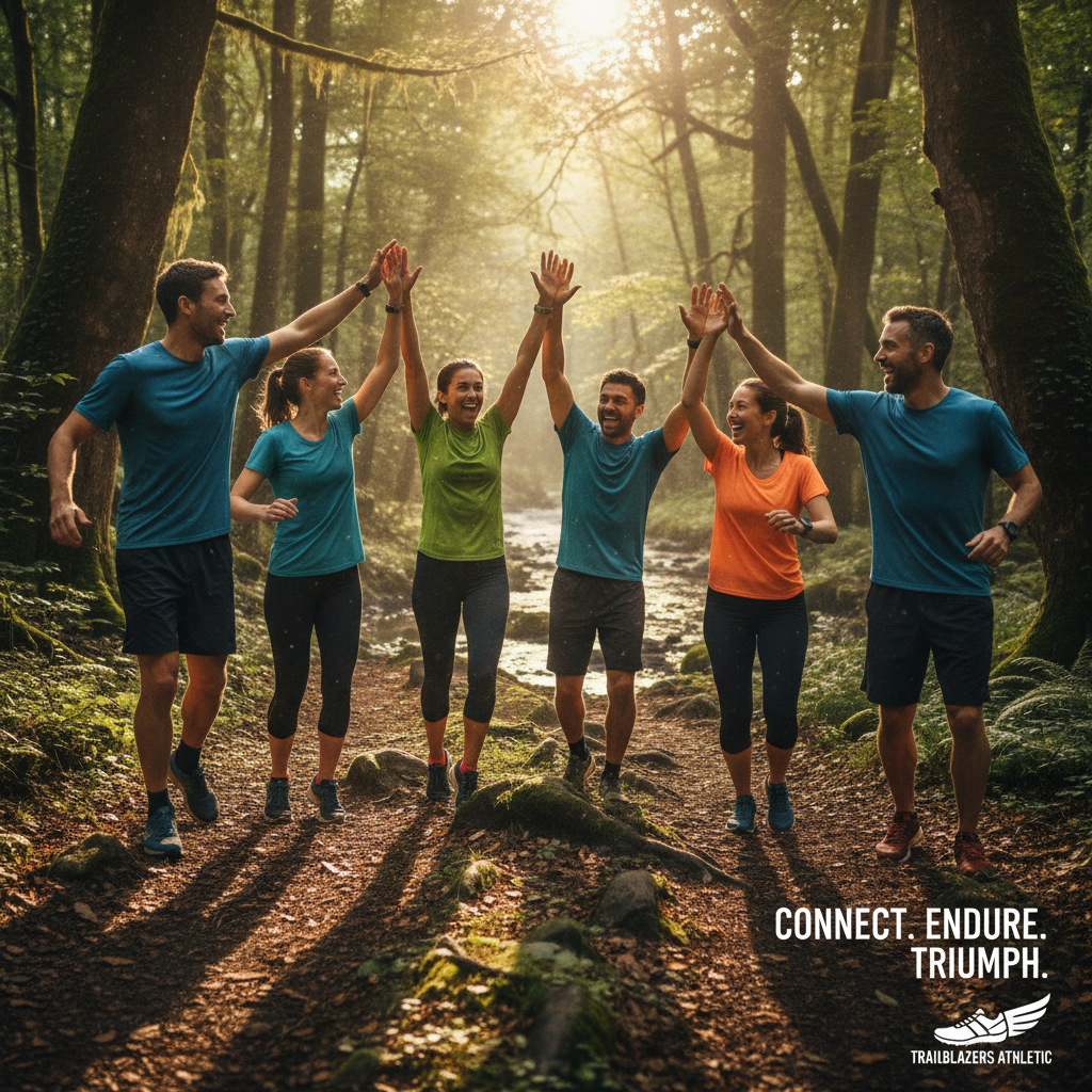 A diverse group of male and female runners high-fiving each other enthusiastically at the end of a forest trail, sunlight filtering through the trees, cinematic quality.