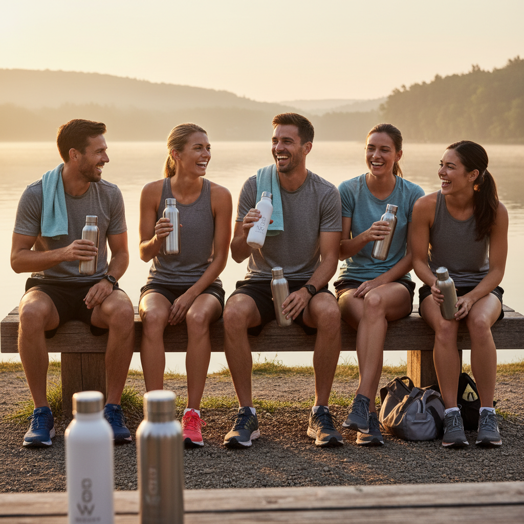 A group of runners taking a break, drinking from reusable water bottles and laughing on a wooden bench overlooking a calm lake after a morning workout.