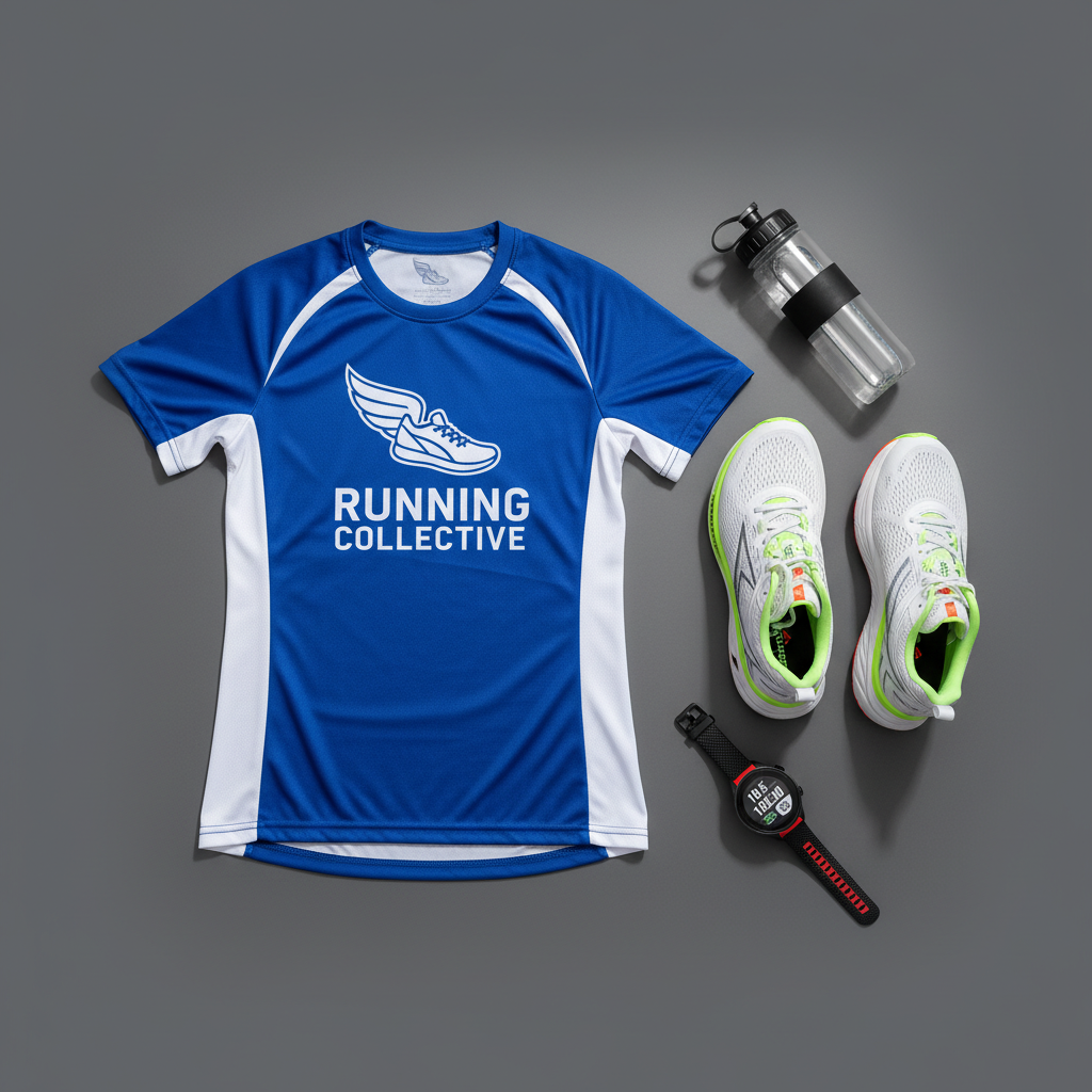 Top-down flat lay of essential running gear including a club jersey, high-end running shoes, a water bottle, and a GPS watch on a clean minimalist gray background.